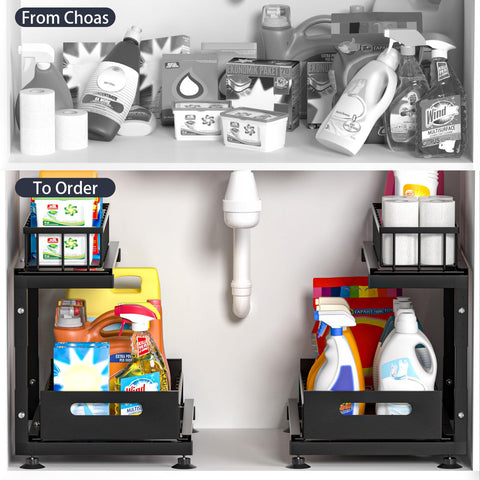 Saydear adjustable-height under-sink rack fits around plumbing.
