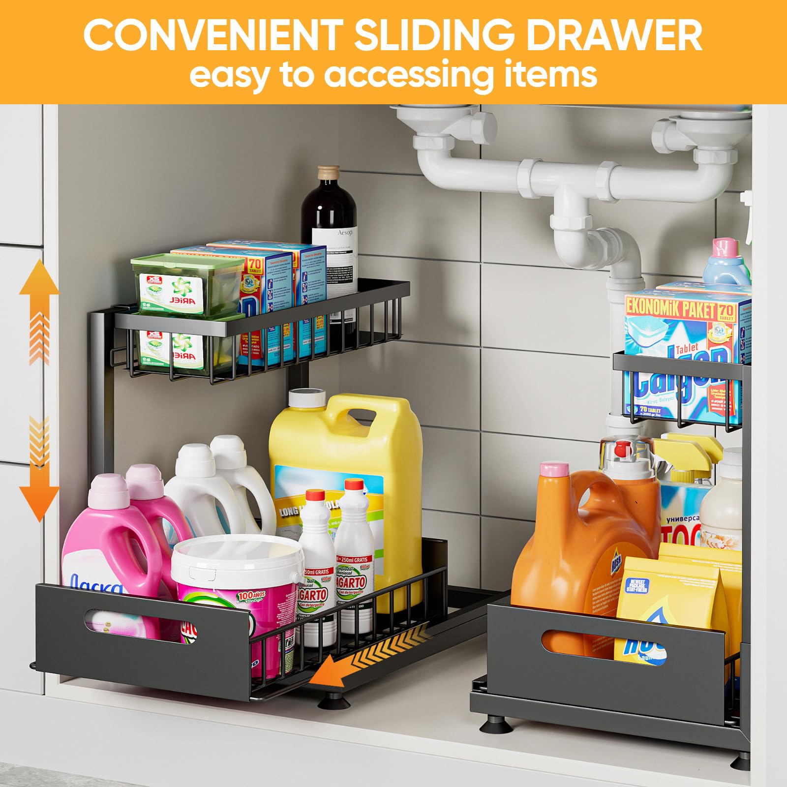 Saydear 2-tier organizer keeps cleaning supplies and toiletries neatly accessible.