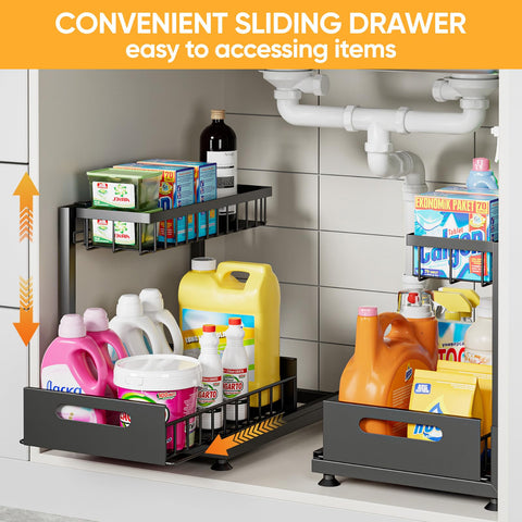 Saydear 2-tier organizer keeps cleaning supplies and toiletries neatly accessible.