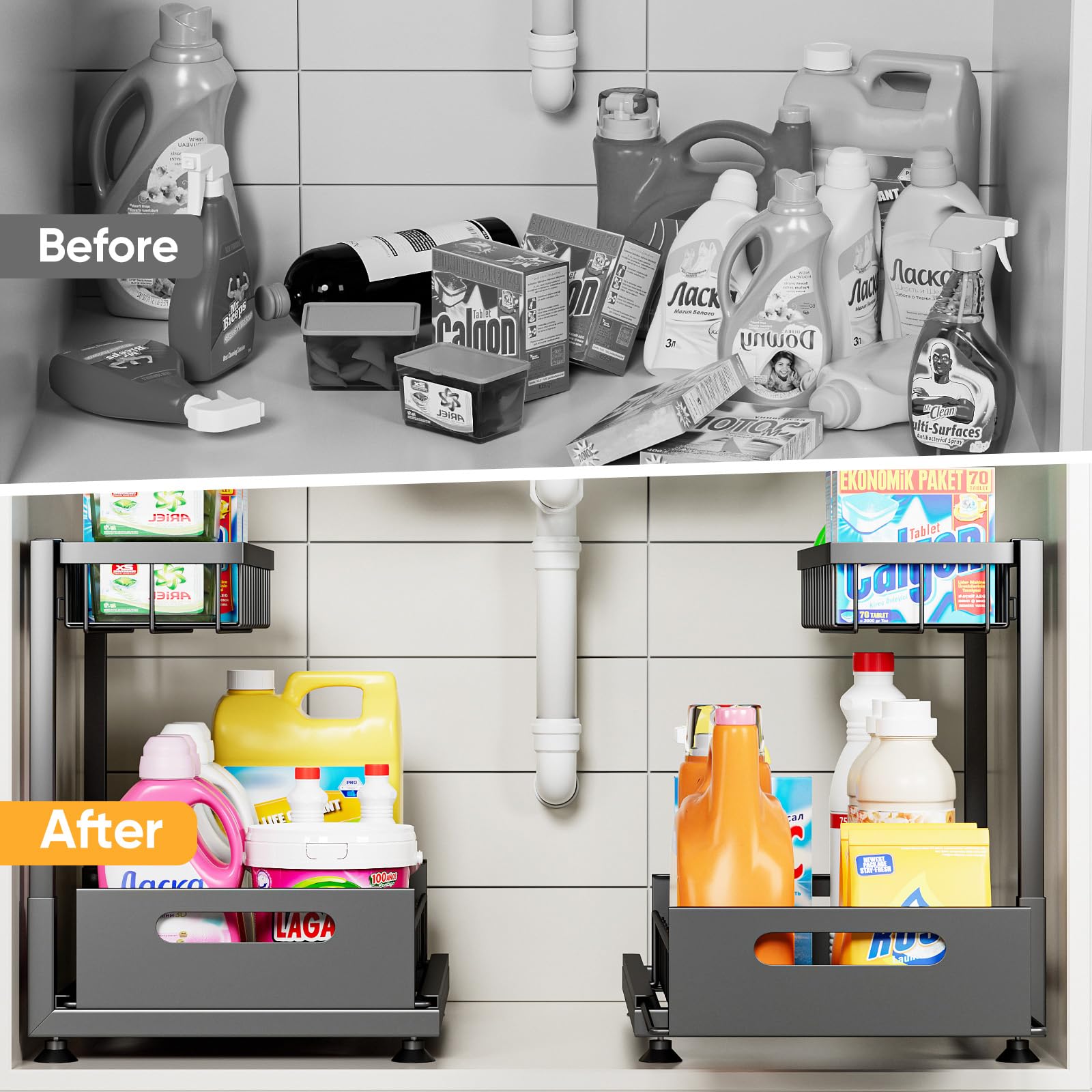 Saydear under-sink organizer with a pull-out drawer for easy access.