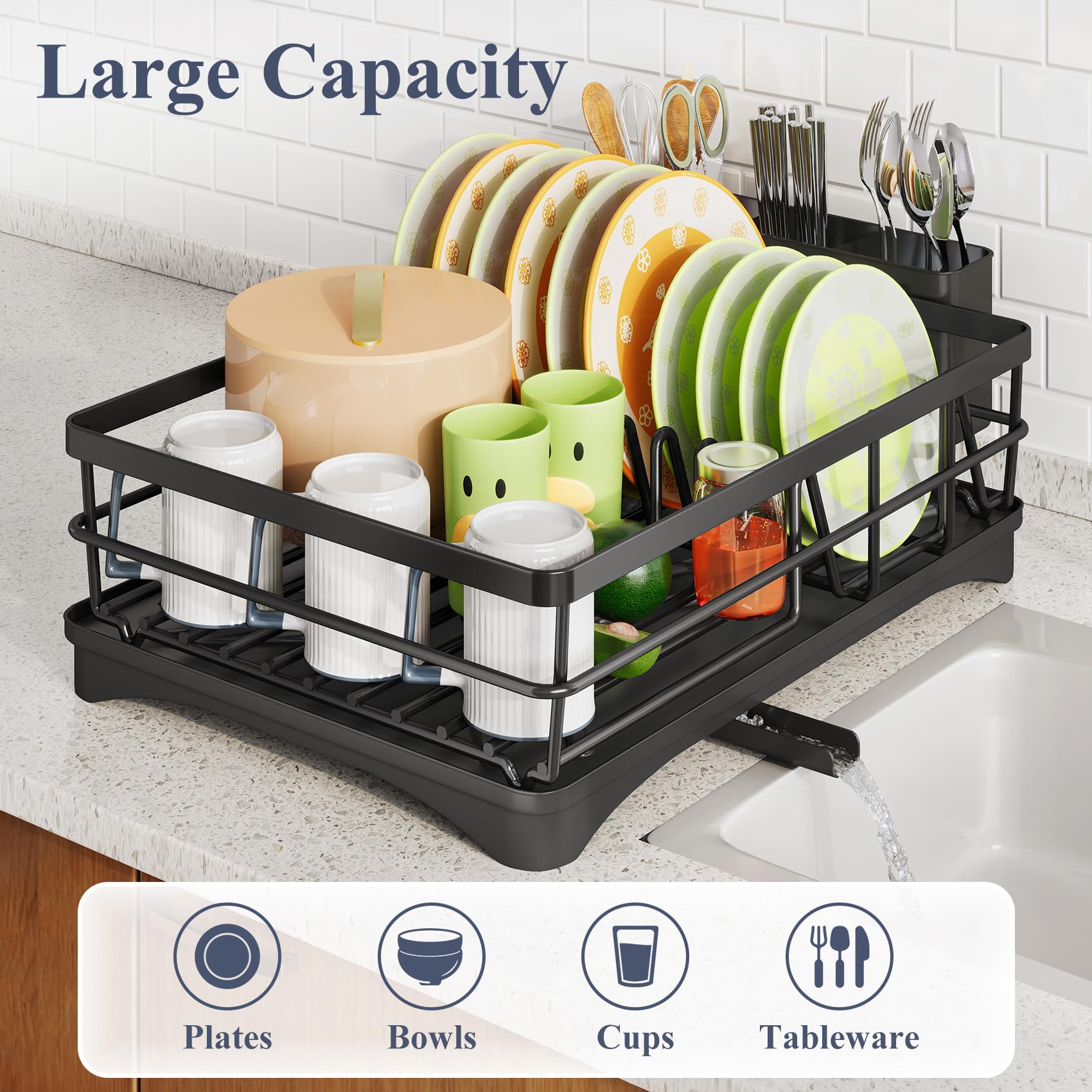 SayZH dish drying rack shows large capacity for plates and bowls.