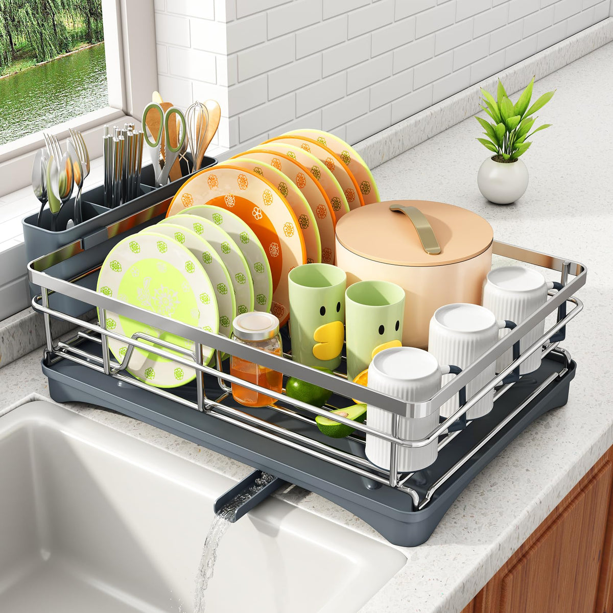 SAYZH dish drying rack in rustproof stainless steel on a modern counter.