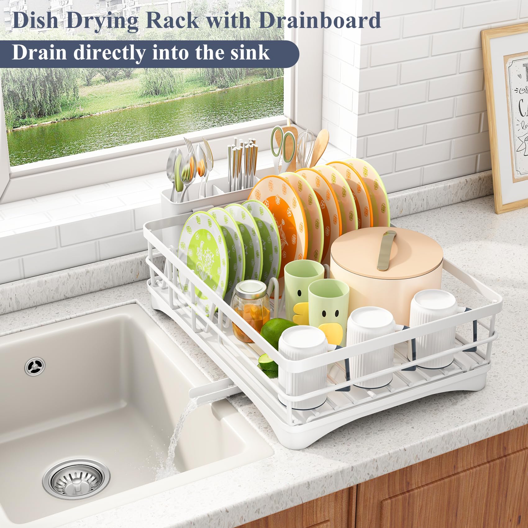 SayZH dish drying rack with three-slot utensil holder keeps cutlery organized