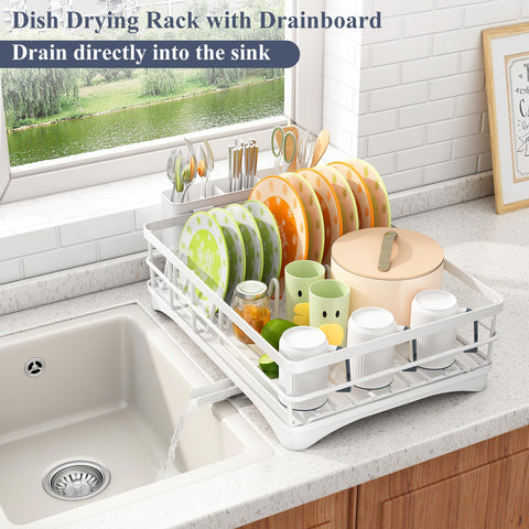 SayZH dish drying rack with three-slot utensil holder keeps cutlery organized