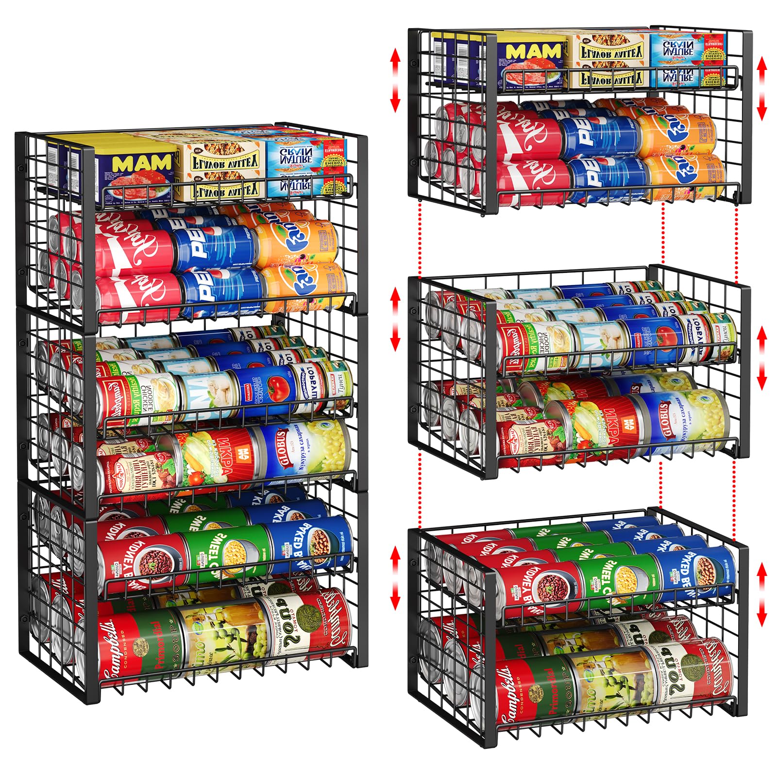 Sbanmao stackable can rack front view shows accessible front cans and organized pantry.