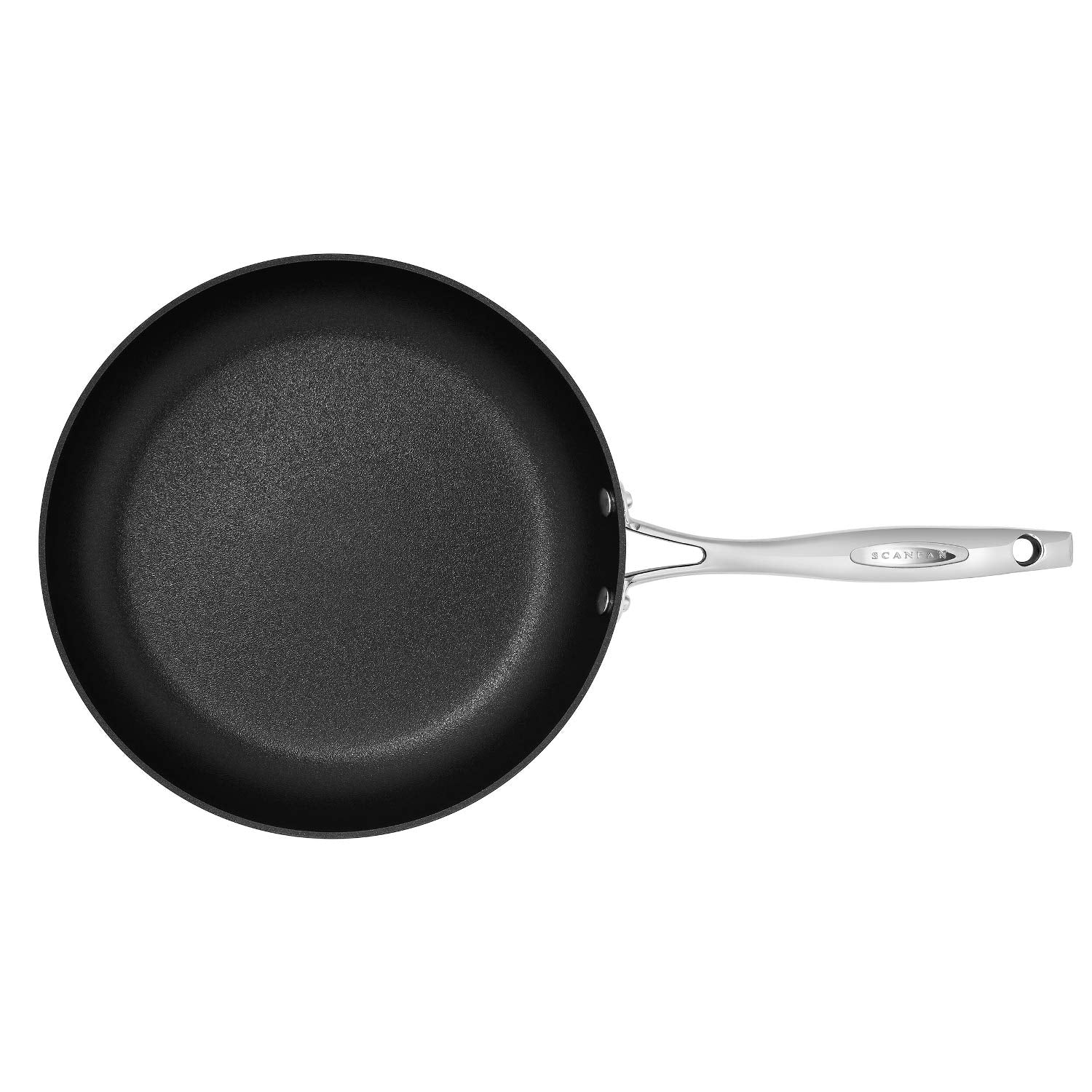 ScanPan HaptIQ 11in fry pan handle close-up highlighting metal-utensil safe, durable surface