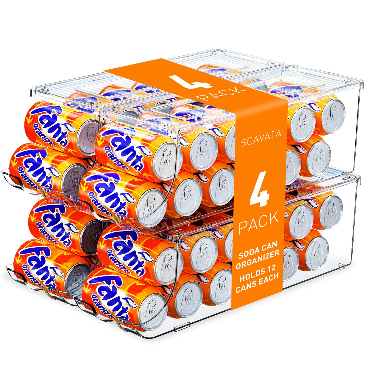 SCAVATA can organizer front view showing compact, stackable fridge storage