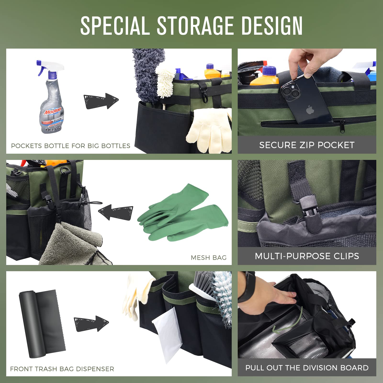 SCAVATA wearable cleaning caddy with shoulder strap for portable cleaning tasks.