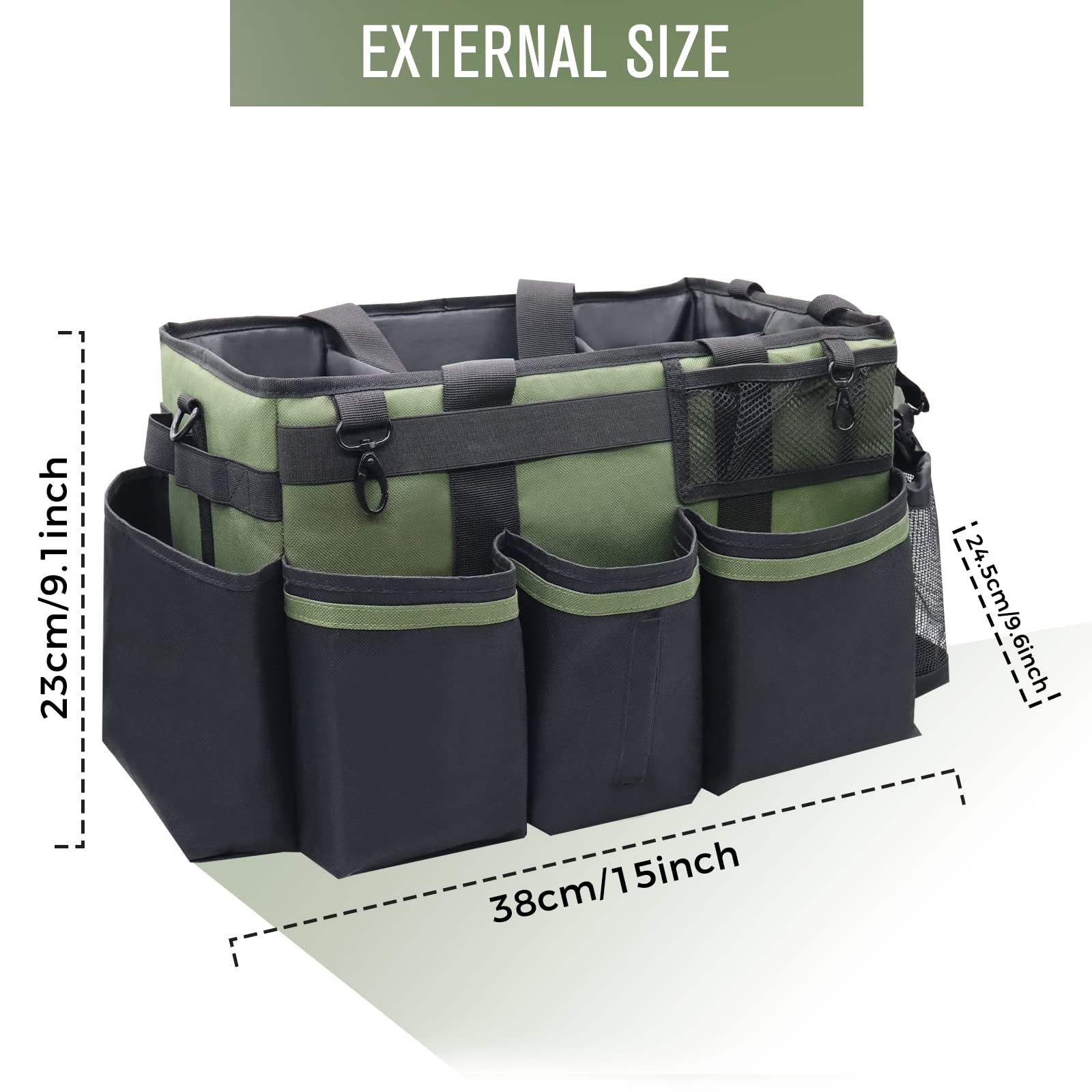 SCAVATA outer pockets and trash bag dispenser for easy tool storage.