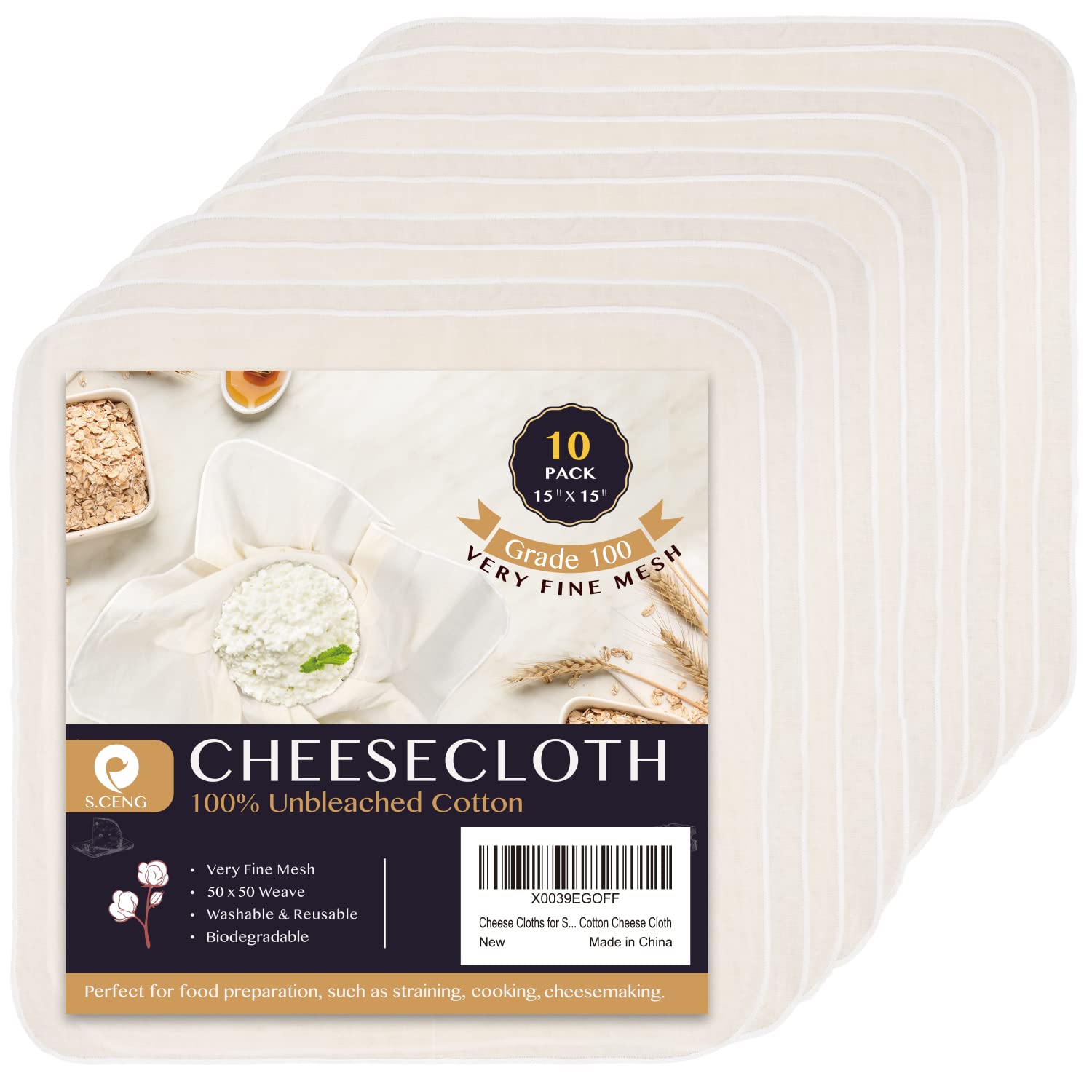 S.CENG precut cheesecloth 15x15 pack for precise straining and cheese making.