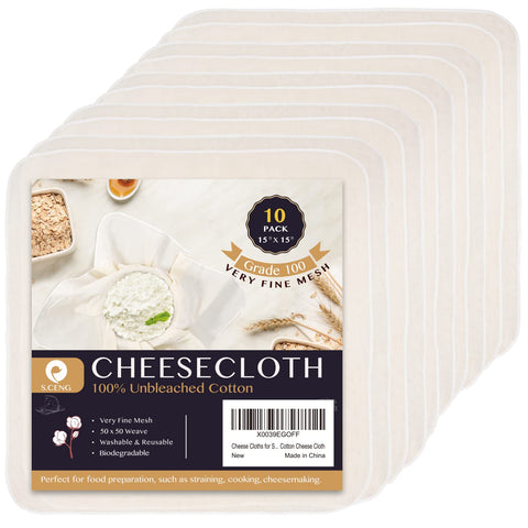 S.CENG precut cheesecloth 15x15 pack for precise straining and cheese making.