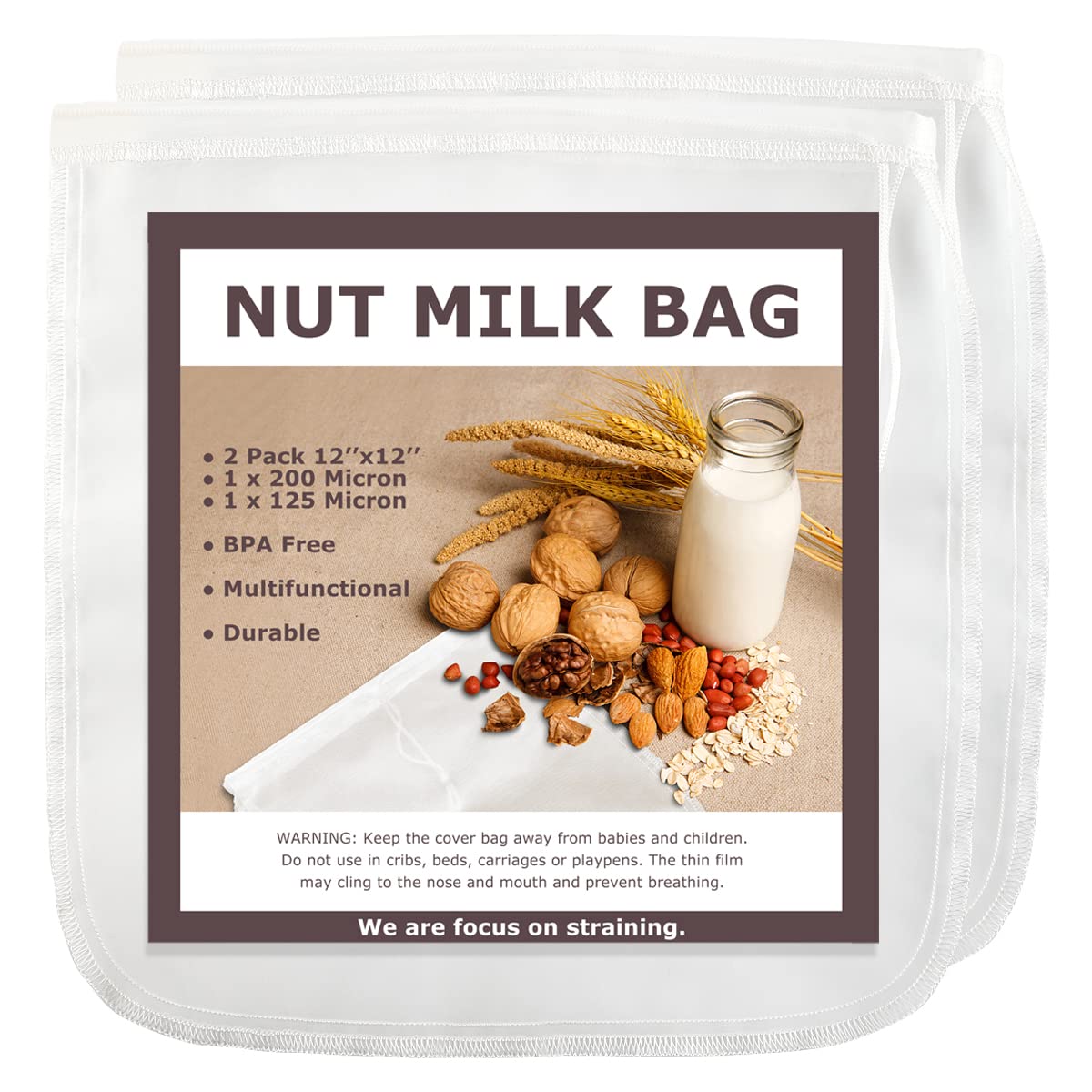 SCENGCLOS nut milk bag with 200 micron filter for smooth soy milk and juice extraction.