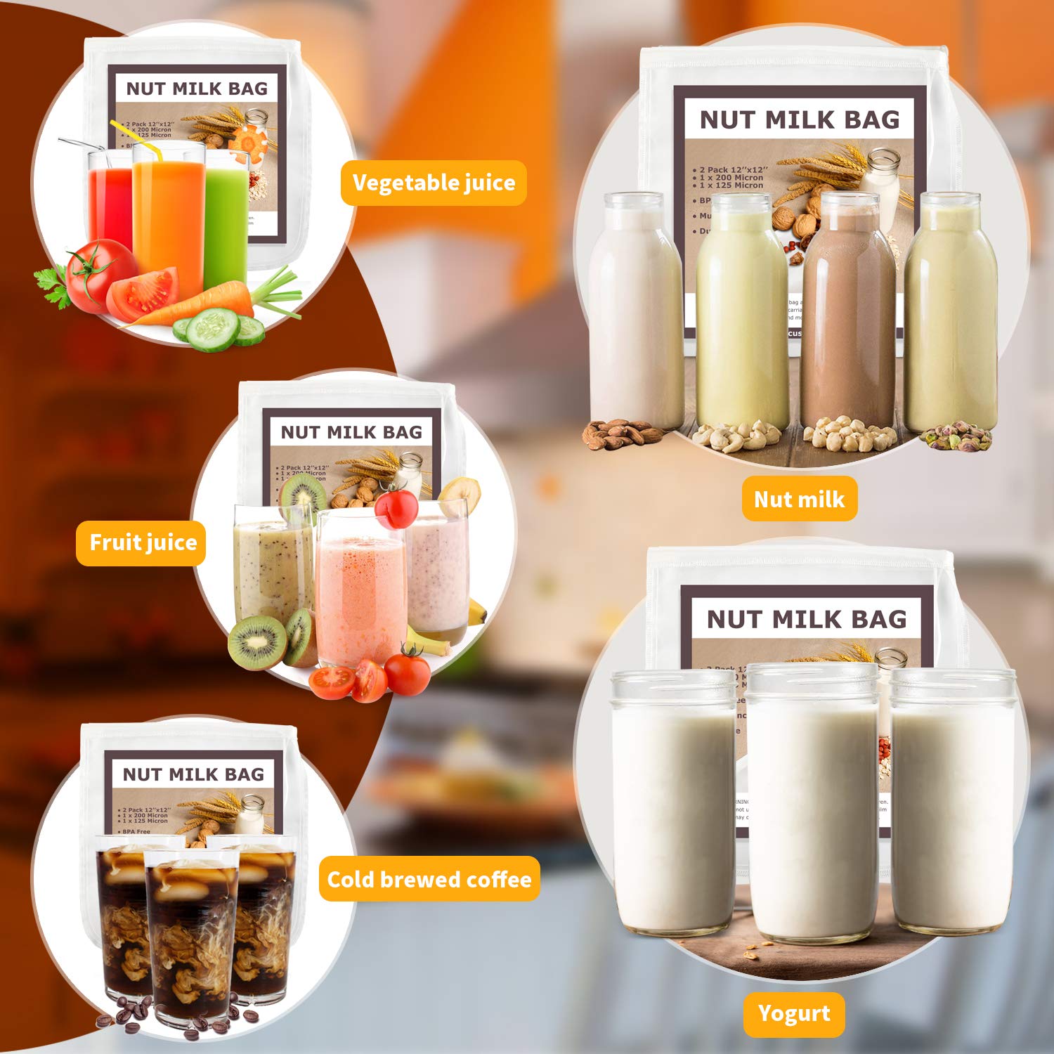 SCENGCLOS versatile nut milk bag suitable for juice, yogurt, broth, and cold brew.
