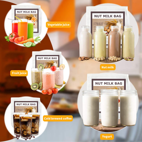 SCENGCLOS versatile nut milk bag suitable for juice, yogurt, broth, and cold brew.