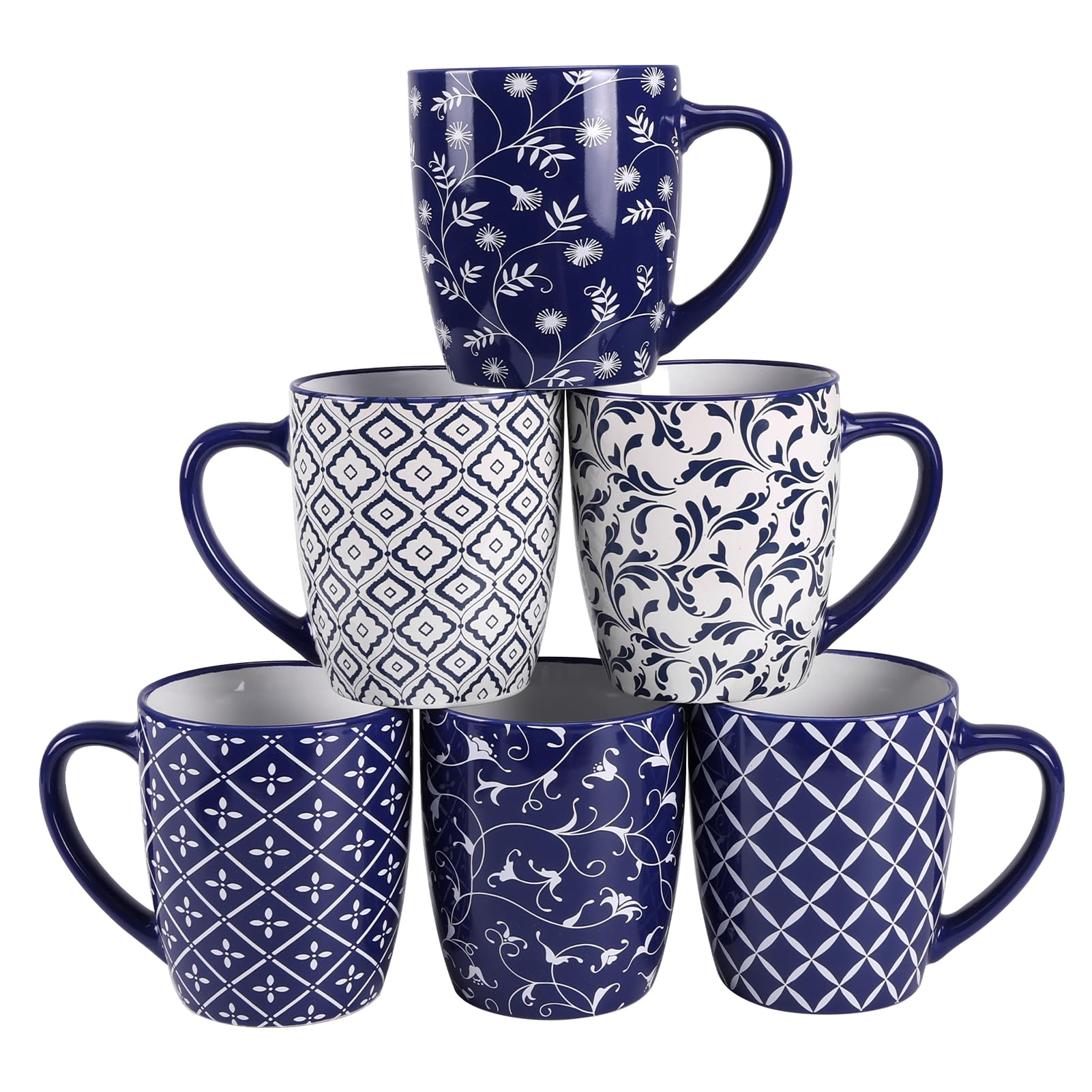 Schliersee 18 oz mugs with dark blue handles and six pattern options for family sharing