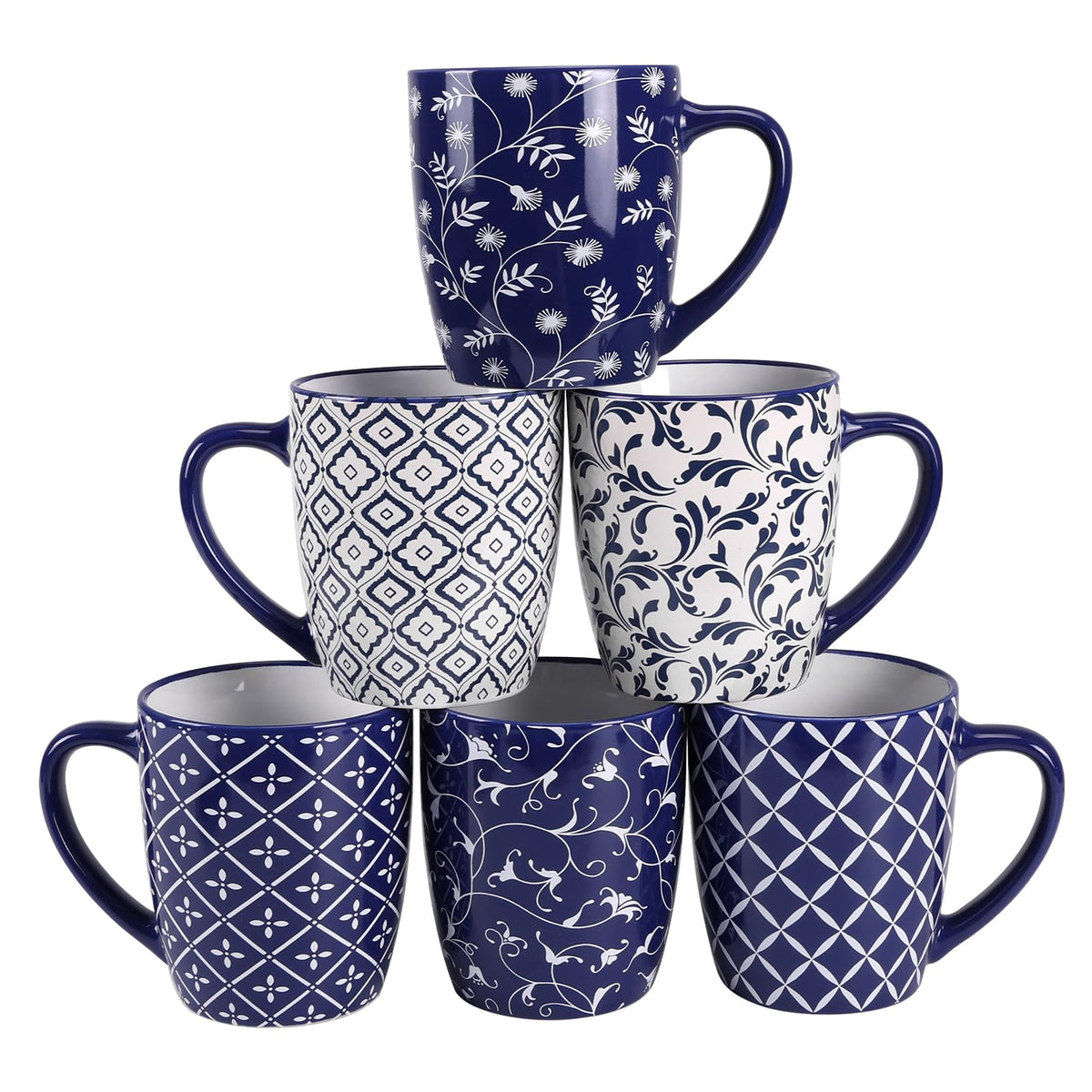 Schliersee 18 oz mugs with dark blue handles and six pattern options for family sharing