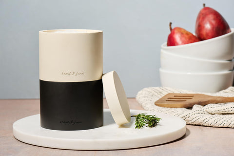 Lid-closed Scout and June salt cellar ready for stylish minimalist kitchen display.