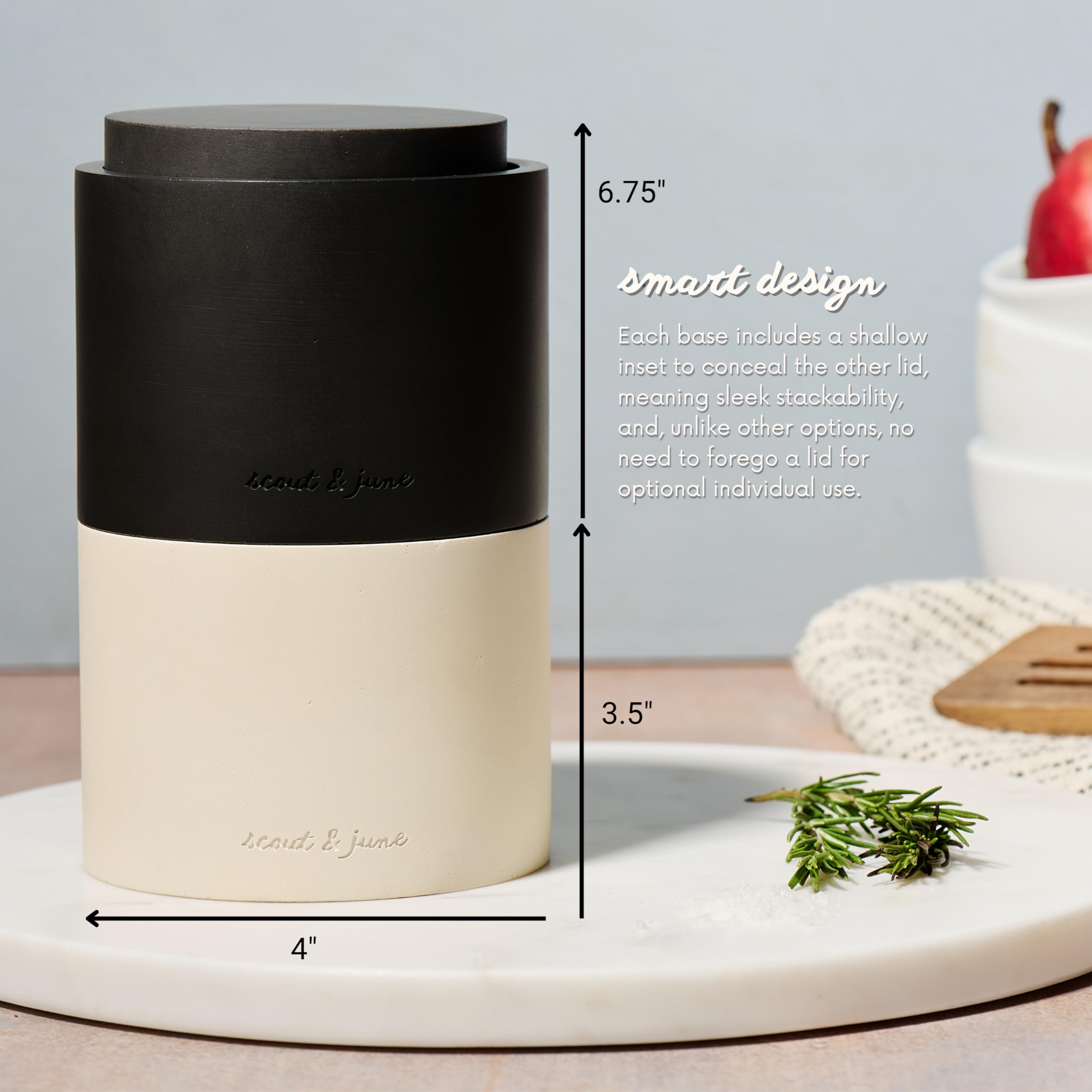 Close-up of cement texture on Scout and June salt pepper bowls highlighting durability.