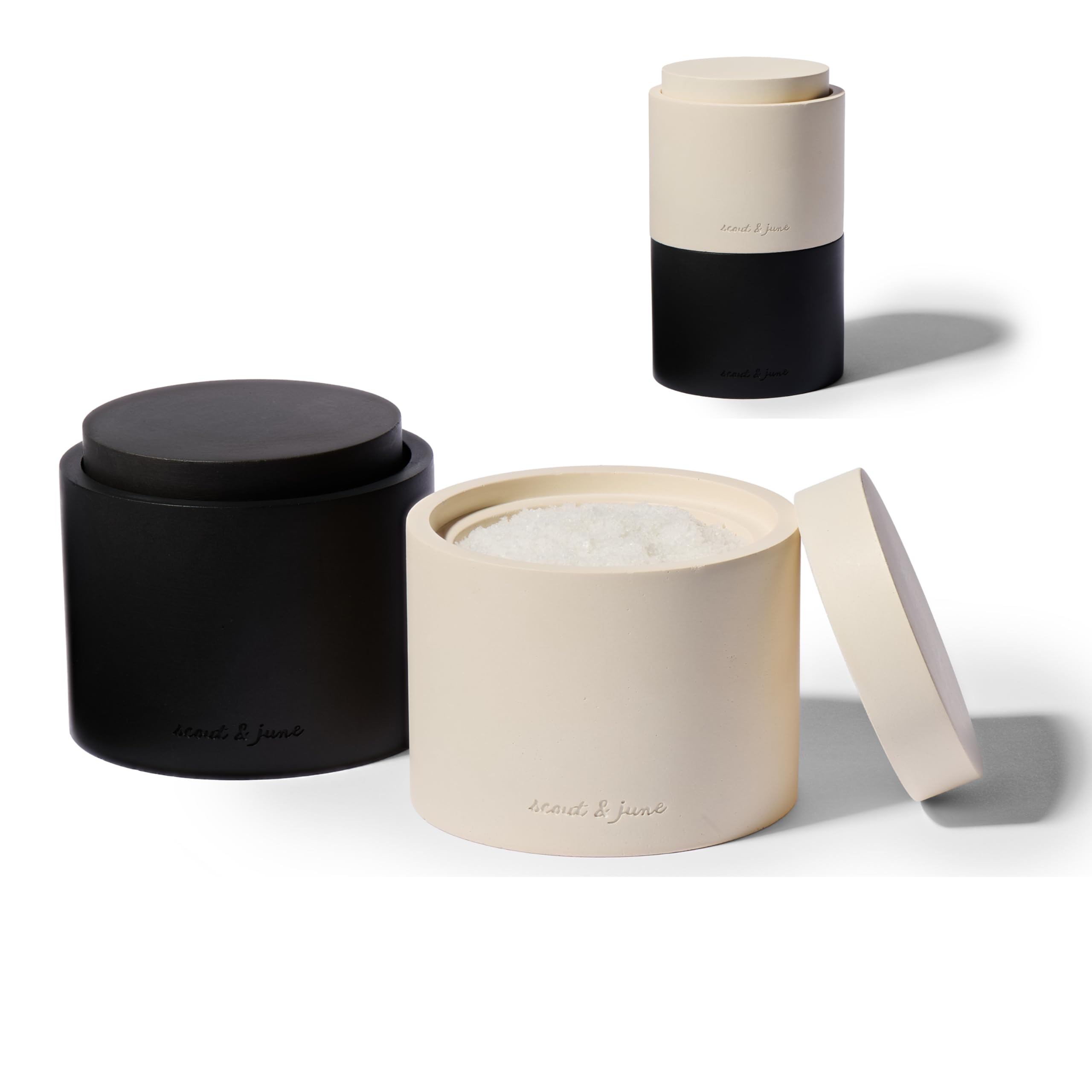 Scout and June Stone Salt Cellar with lid shows a stackable design for organized storage.