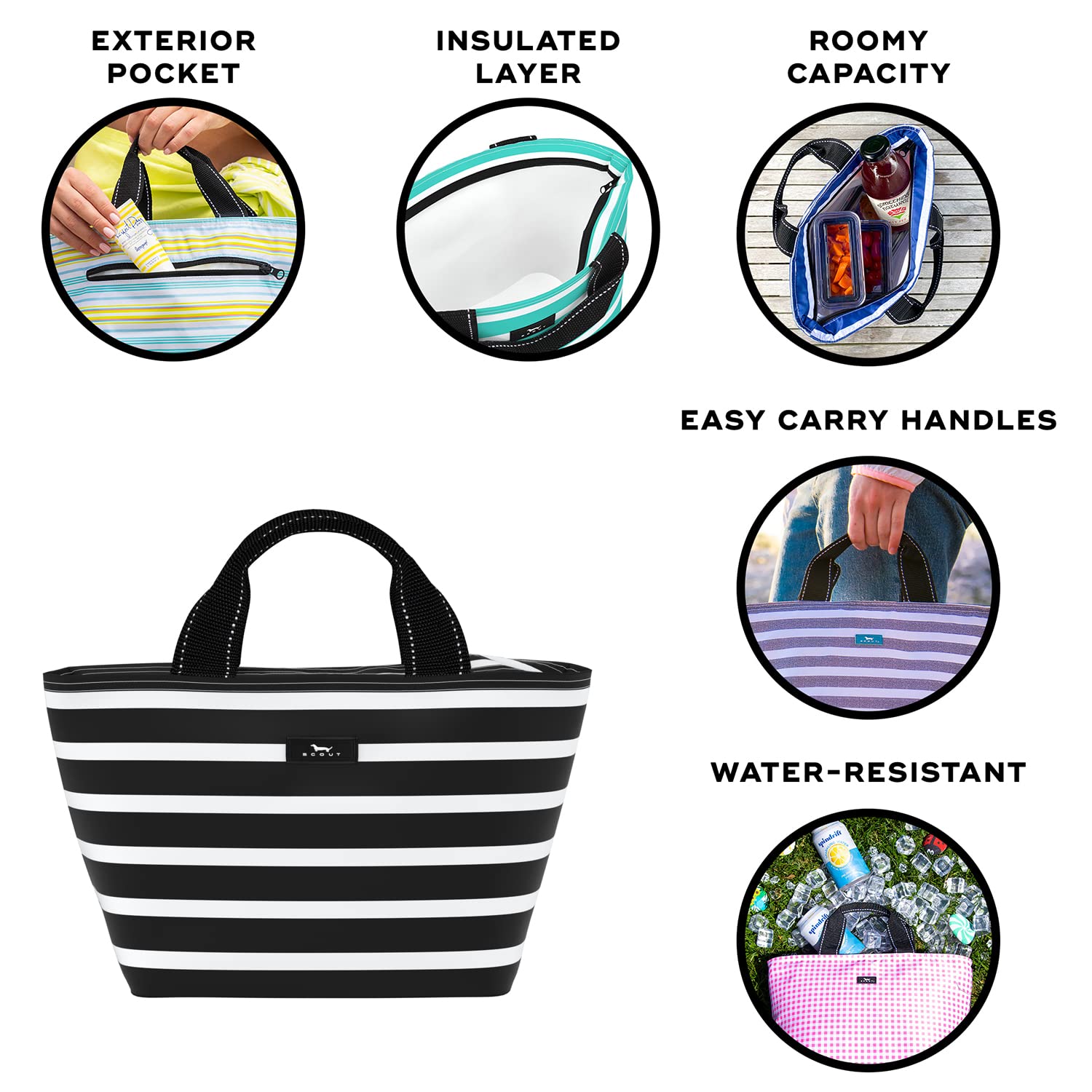 SCOUT Nooner lunch bag open interior shows organized space for containers and snacks.