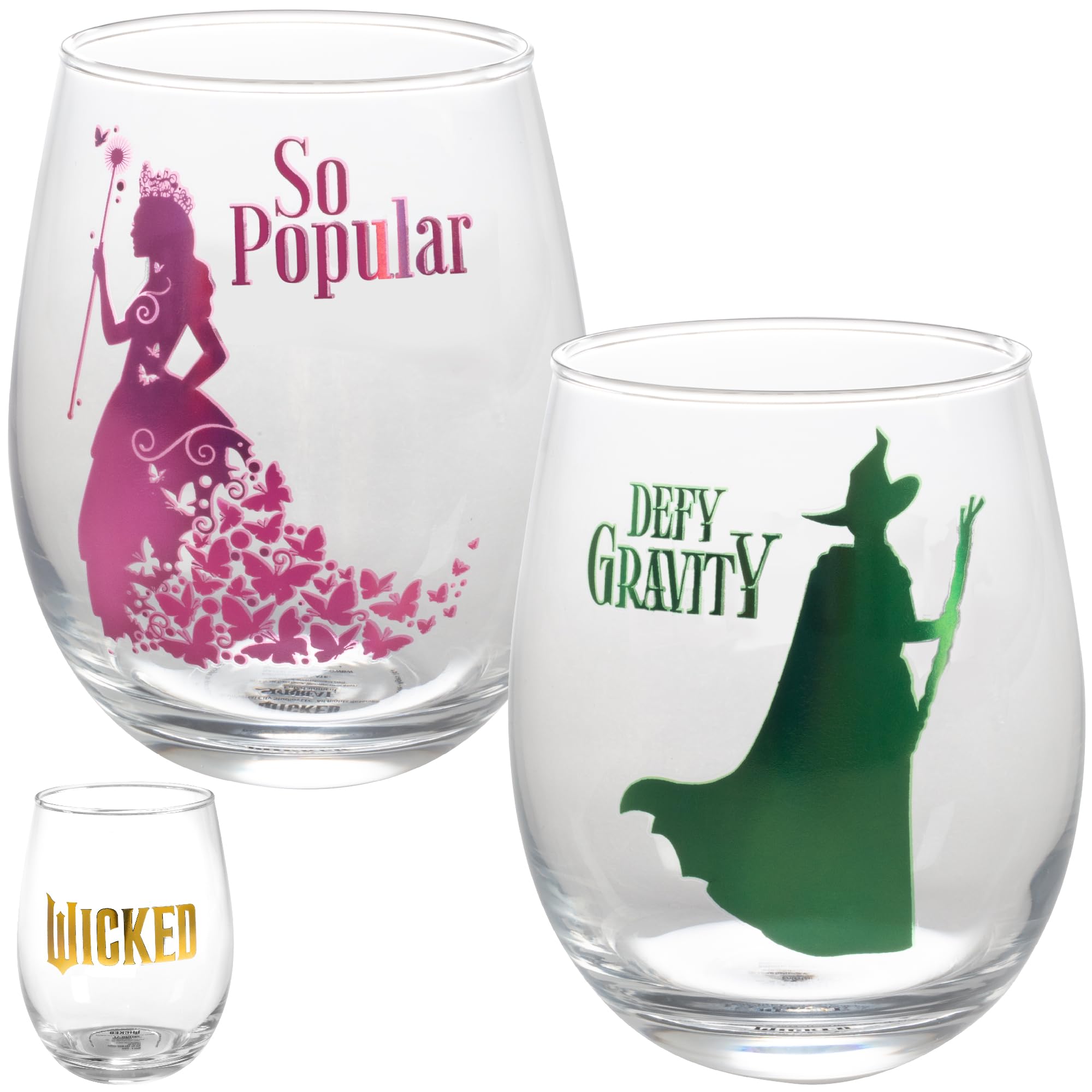 SCS Direct Wicked Elphaba Defy Gravity glass with foil art, ideal for themed gatherings