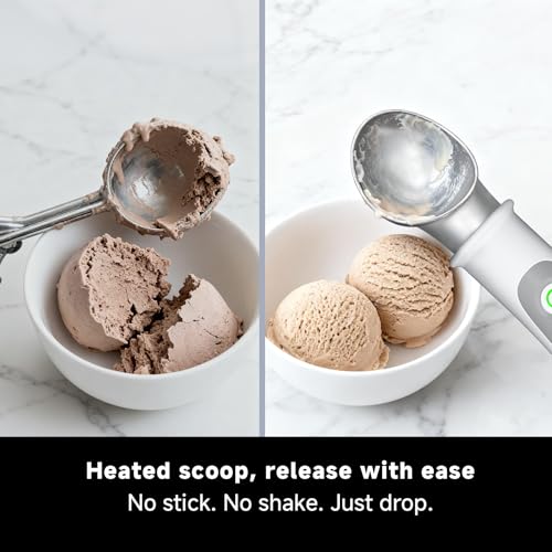 Heated nonstick head of SEAINGO ice cream scoop gliding through dessert