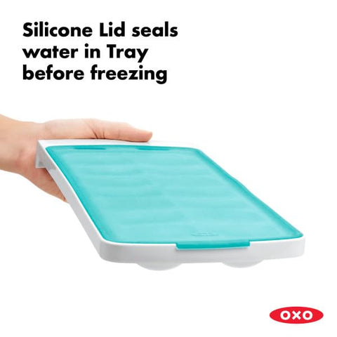 Sealed silicone lid supports stacking without spills in the freezer