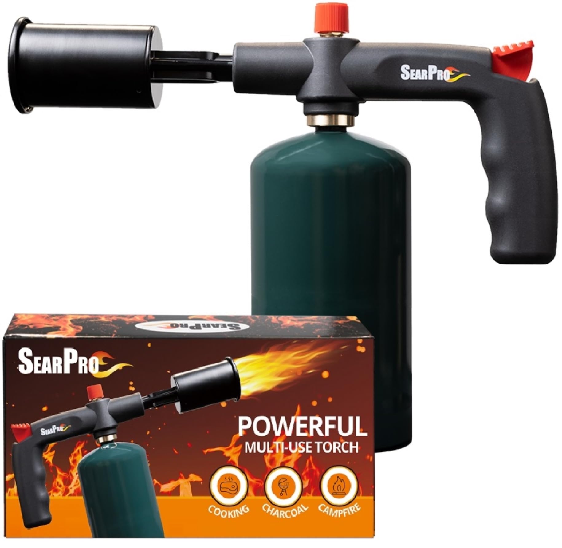 SearPro torch front view, compact handheld design for quick searing