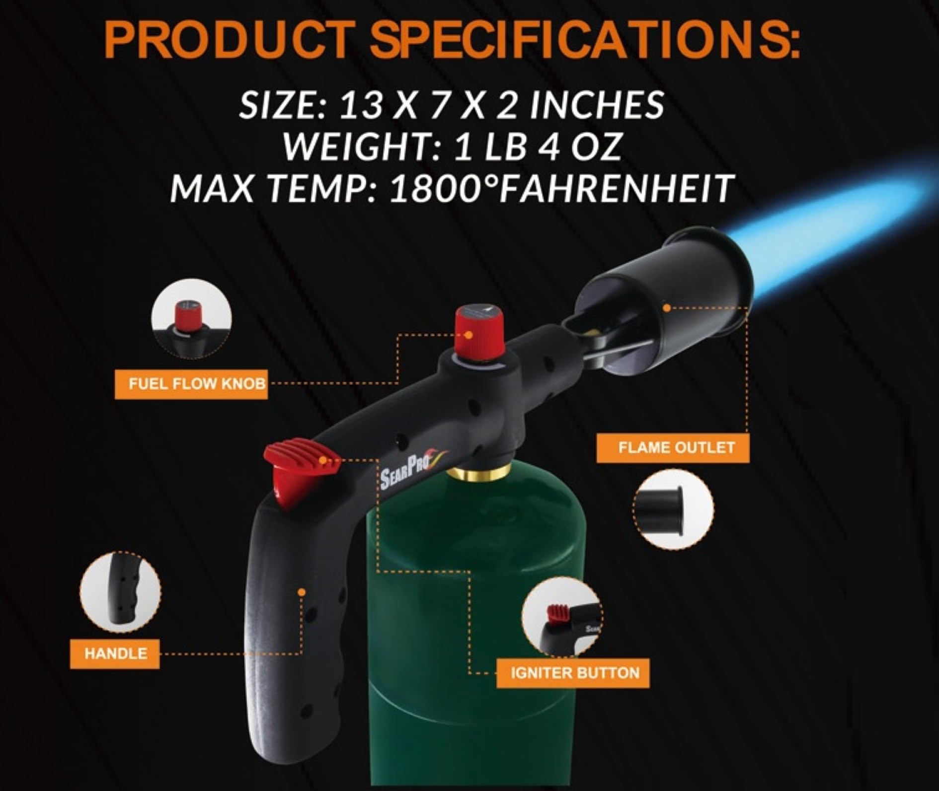 SearPro torch compatibility with common gas canisters including butane