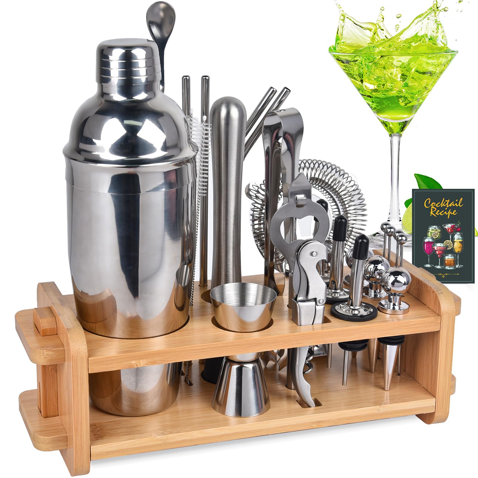 Secilla mixology kit on bamboo stand, organized for easy home bartending.