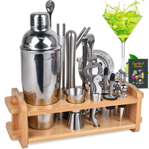 Secilla mixology kit on bamboo stand, organized for easy home bartending.
