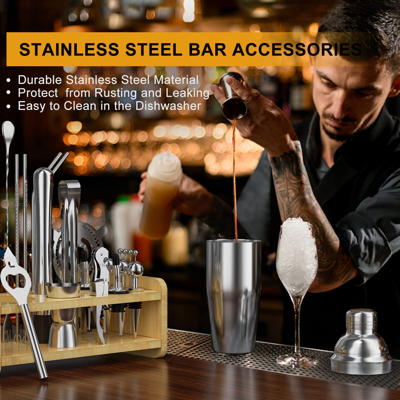 Bamboo stand display with Secilla bar tools for a tidy bar area.
