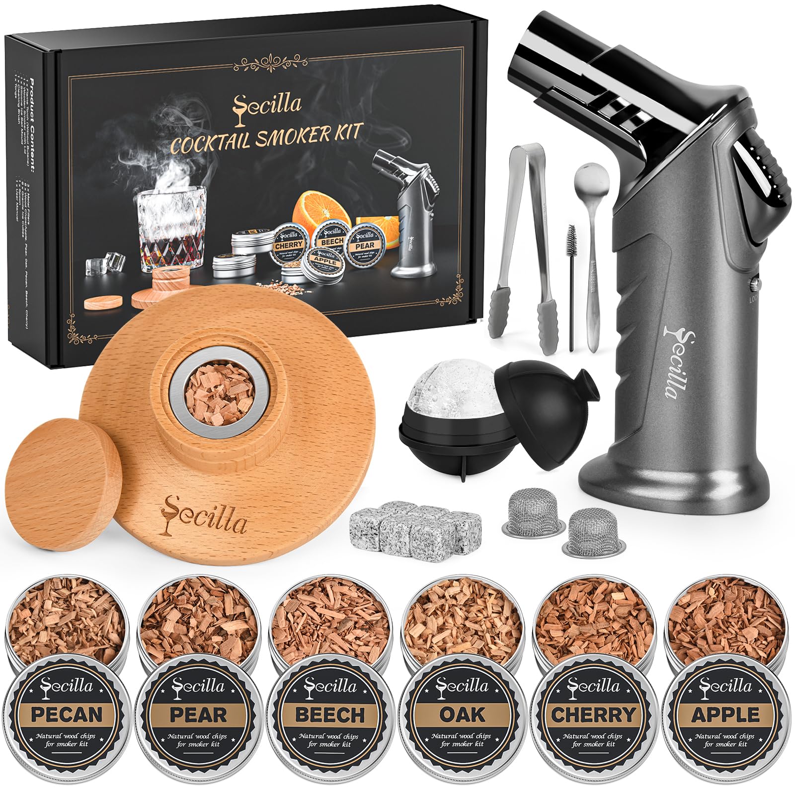 Secilla Cocktail Smoker Kit with wood chips flavors for rich smoky notes.