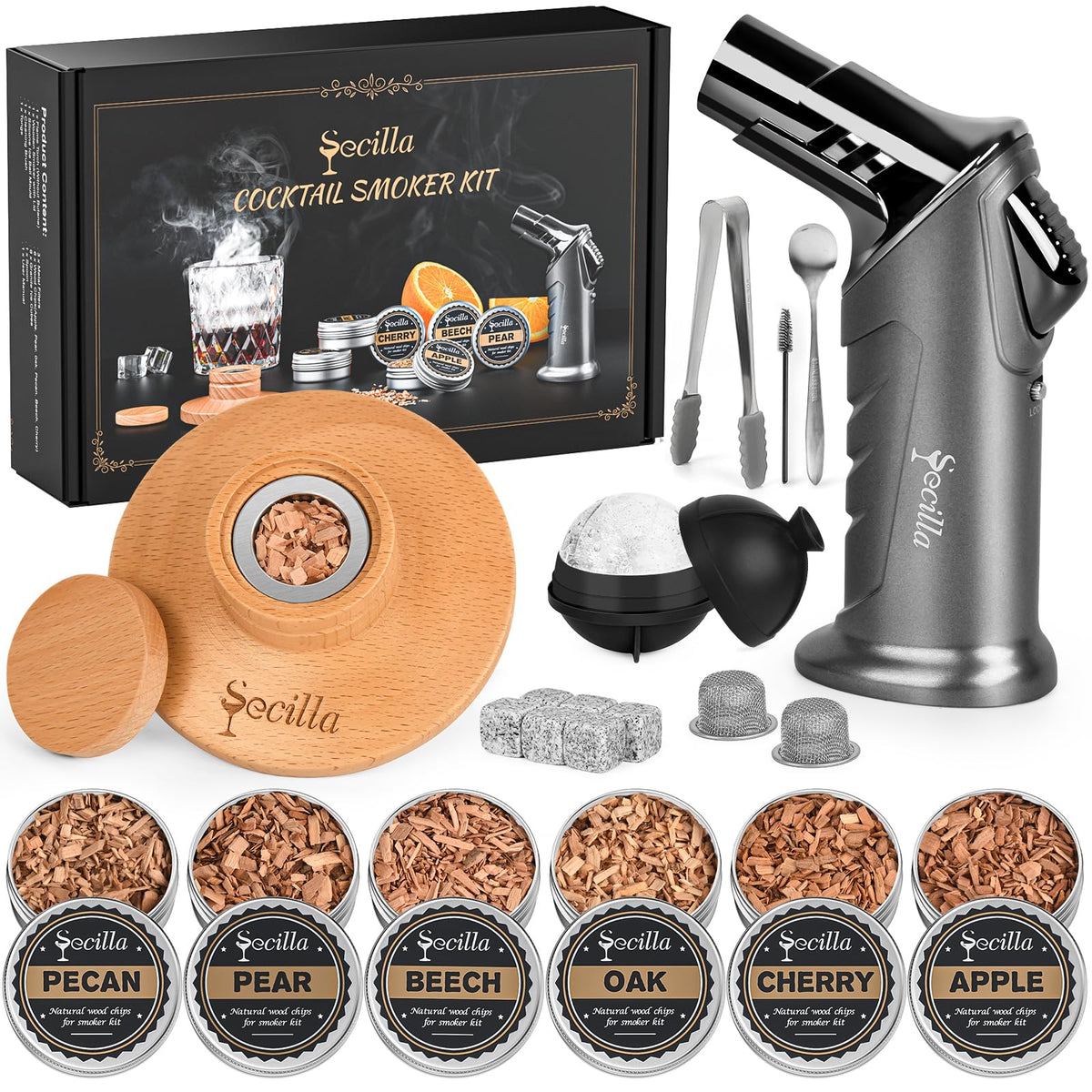 Secilla Cocktail Smoker Kit with wood chips flavors for rich smoky notes.