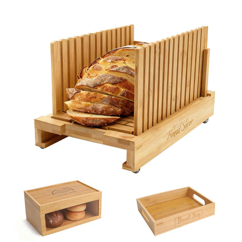 SECOAT bamboo bread slicer with wooden tray for neat display and crumb control.