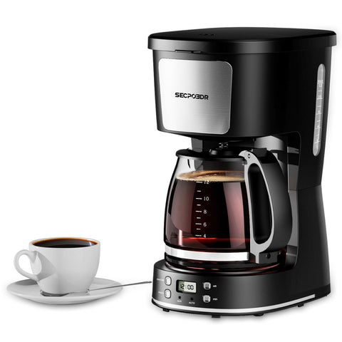 SECPOEDR 12-cup drip coffee maker front view with clear water window for easy filling.