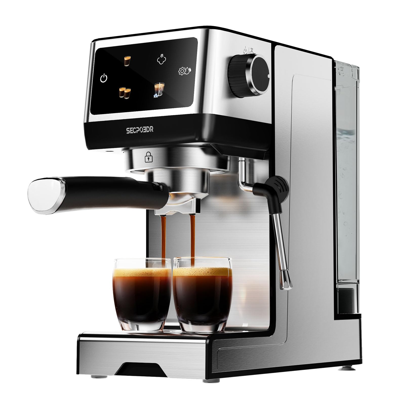 SECPOEDR 20-bar espresso machine front view for compact kitchen convenience