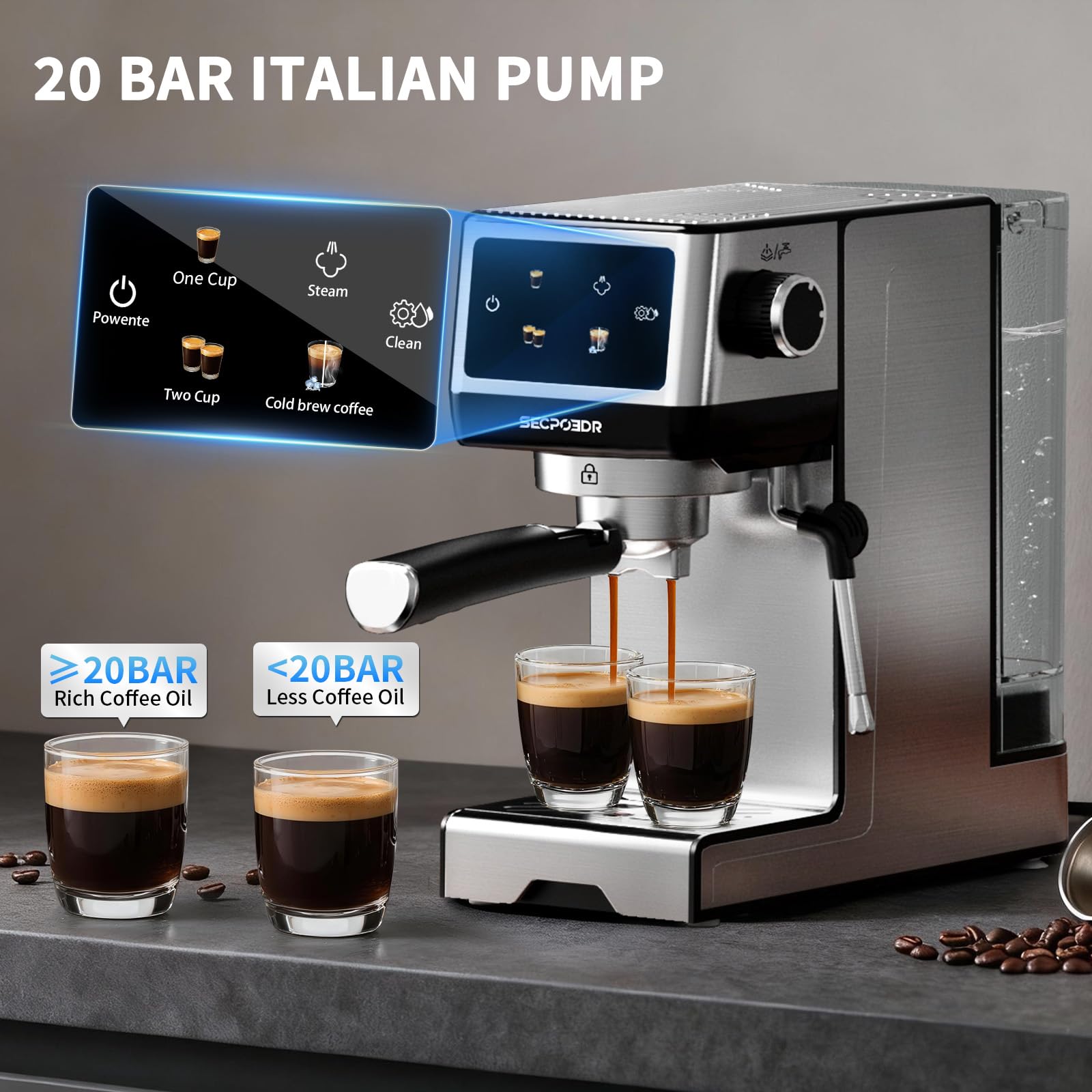 SECPOEDR espresso machine side view highlighting stainless steel build and durability