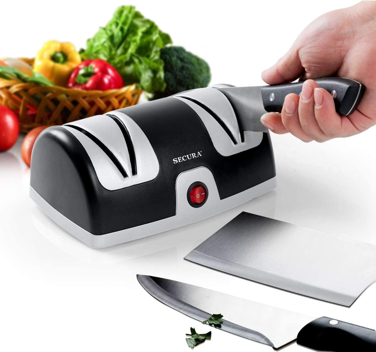 Secura 2-Stage knife sharpener exterior in black for compact, stable kitchen use.