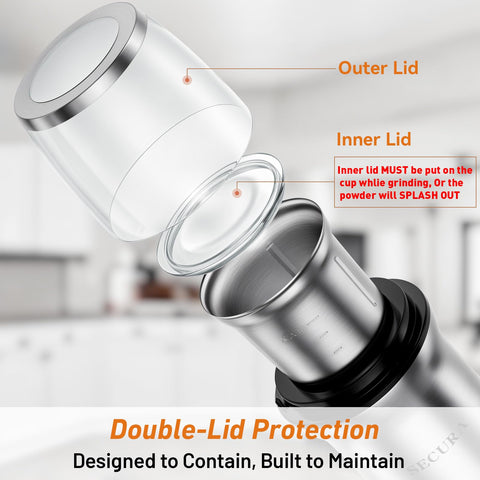 Secura grinder shows bowl safety lock for safe operation during use.