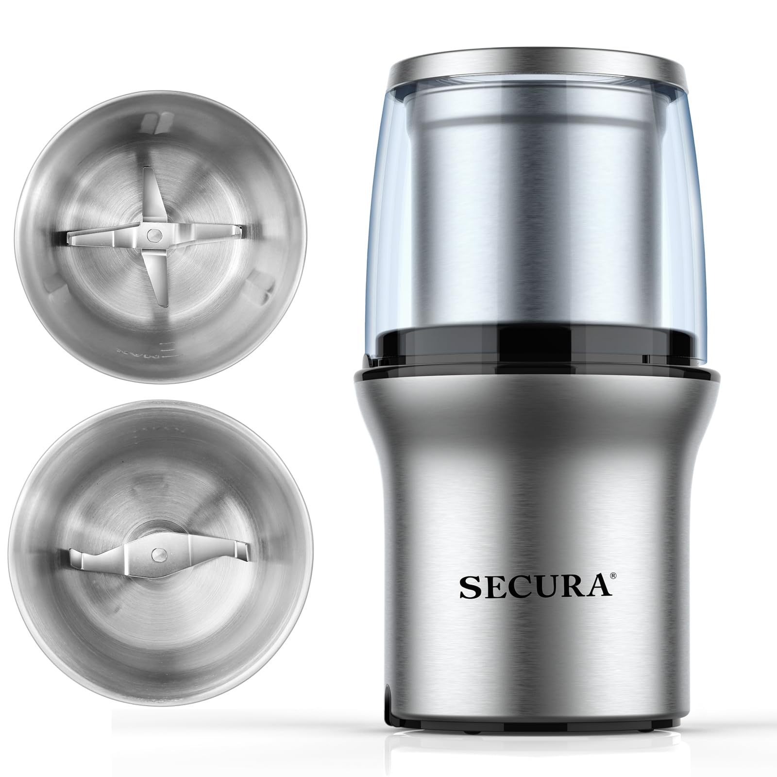 Secura electric coffee grinder with double-lid visibility for precise texture control.