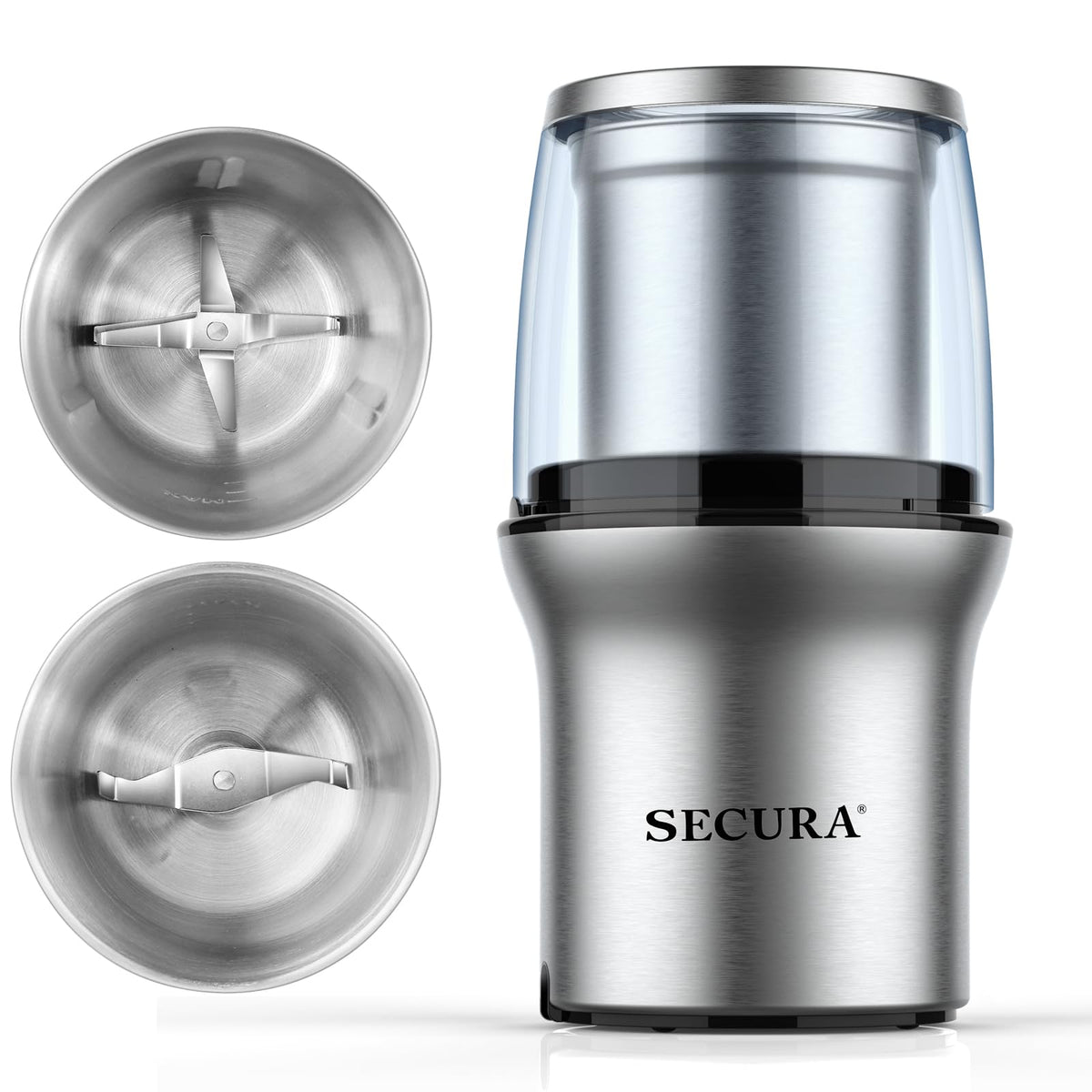 Secura electric coffee grinder with double-lid visibility for precise texture control.