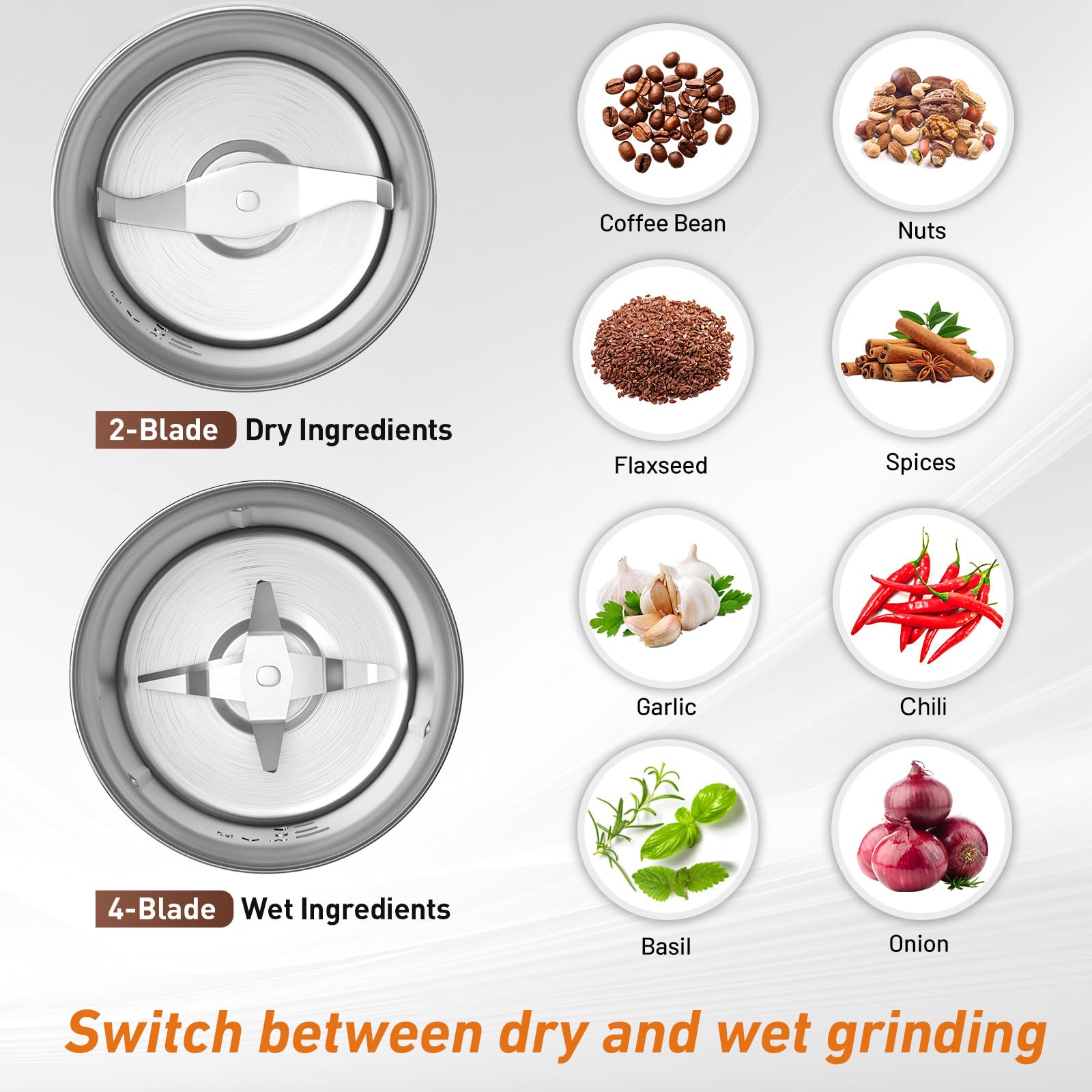Secura grinder with stainless steel blades for consistent texture results.