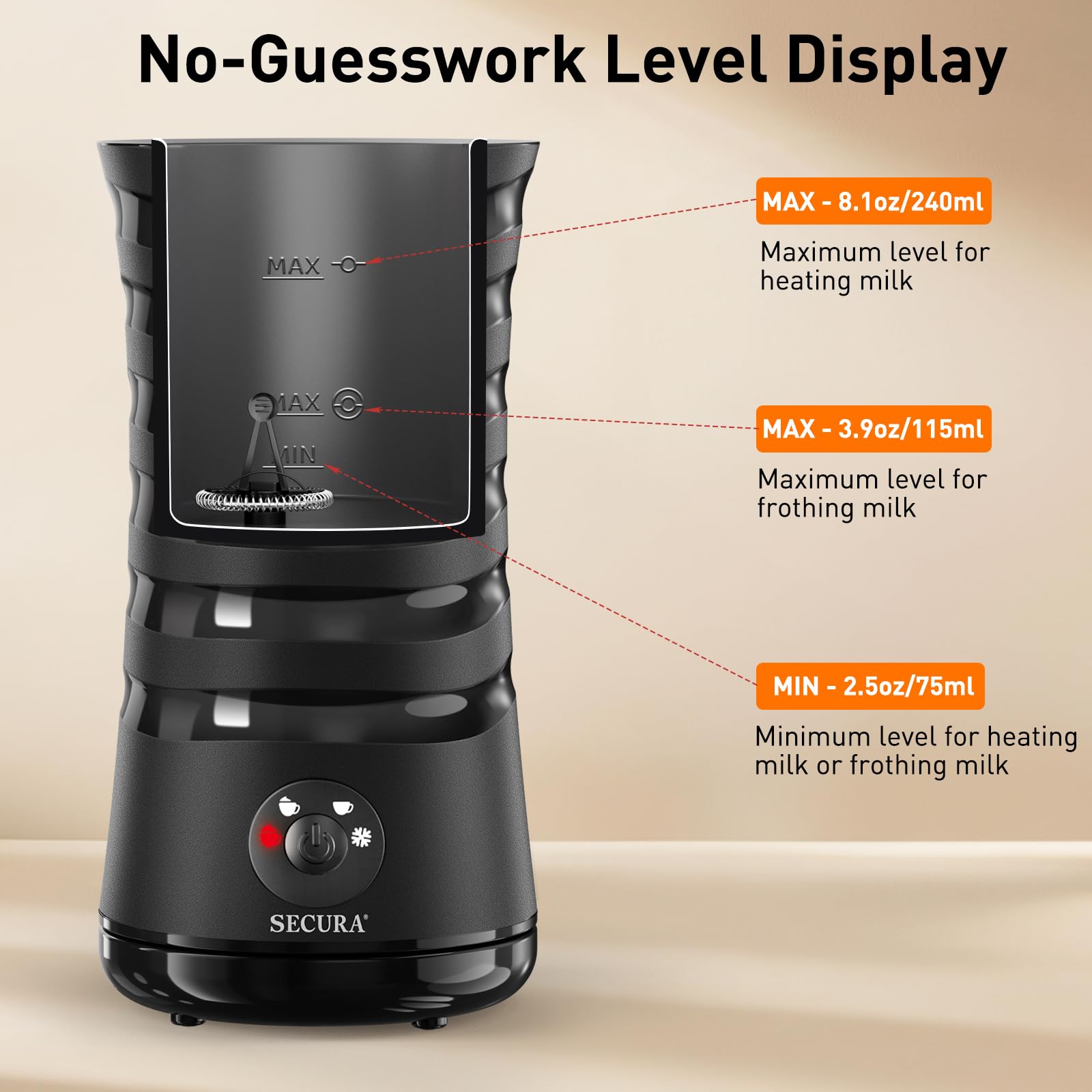 Secura frother features intuitive LED controls and auto shut-off for safety