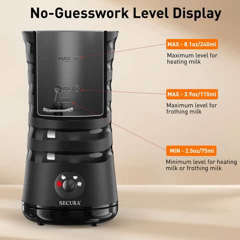 Secura frother features intuitive LED controls and auto shut-off for safety