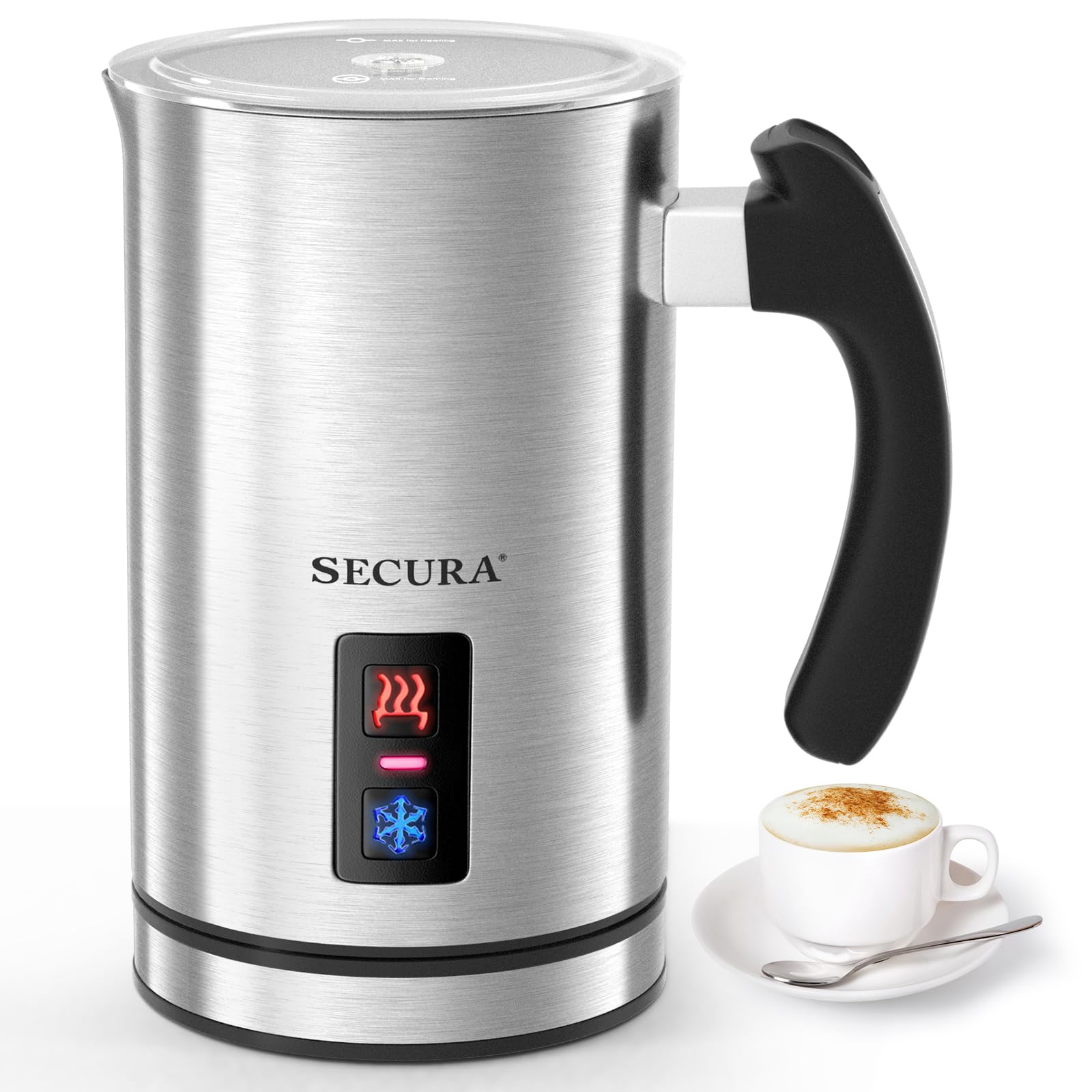 Secura electric milk frother close-up showing foam texture for silky cappuccino