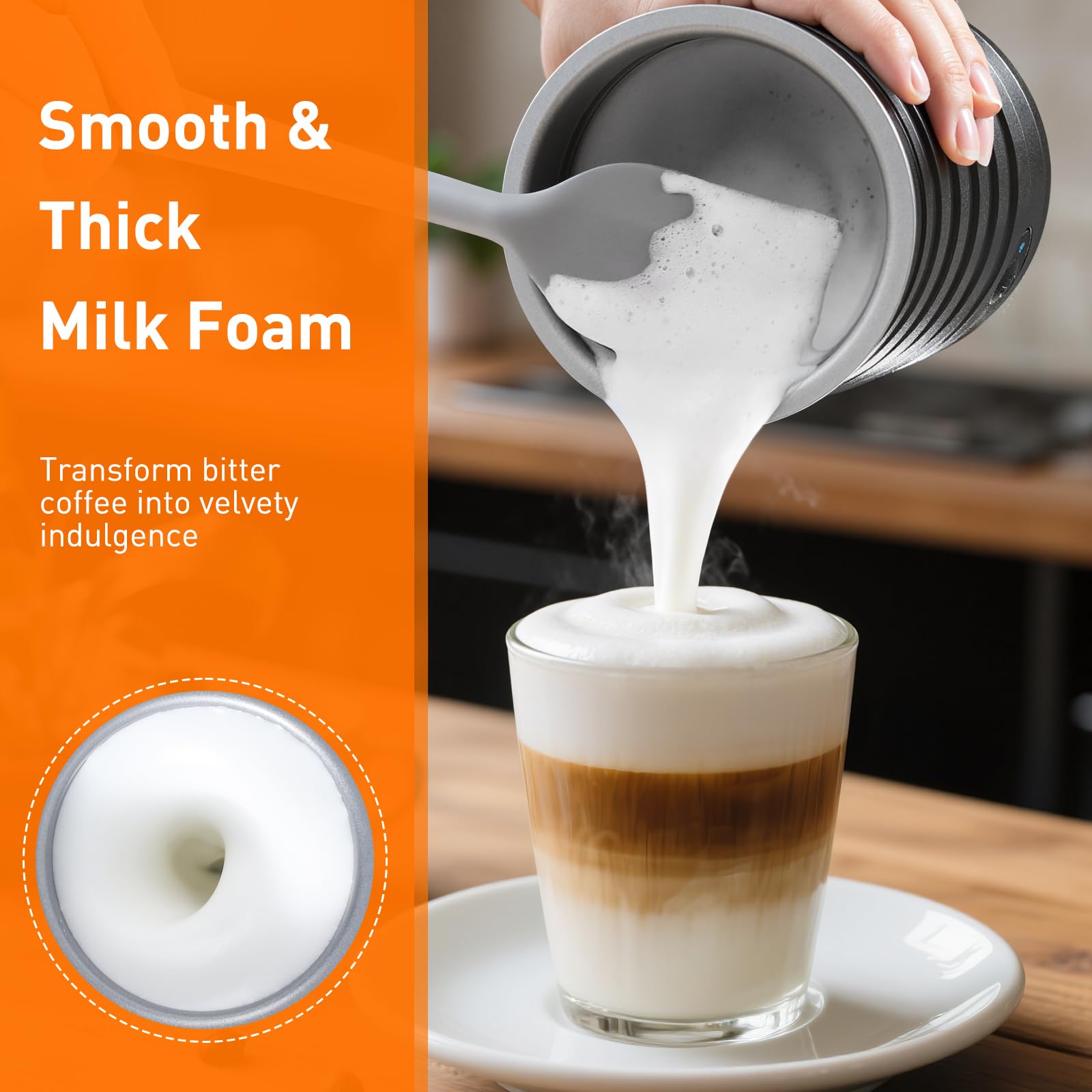 Secura frother producing hot airy foam perfect for macchiatos and specialty drinks
