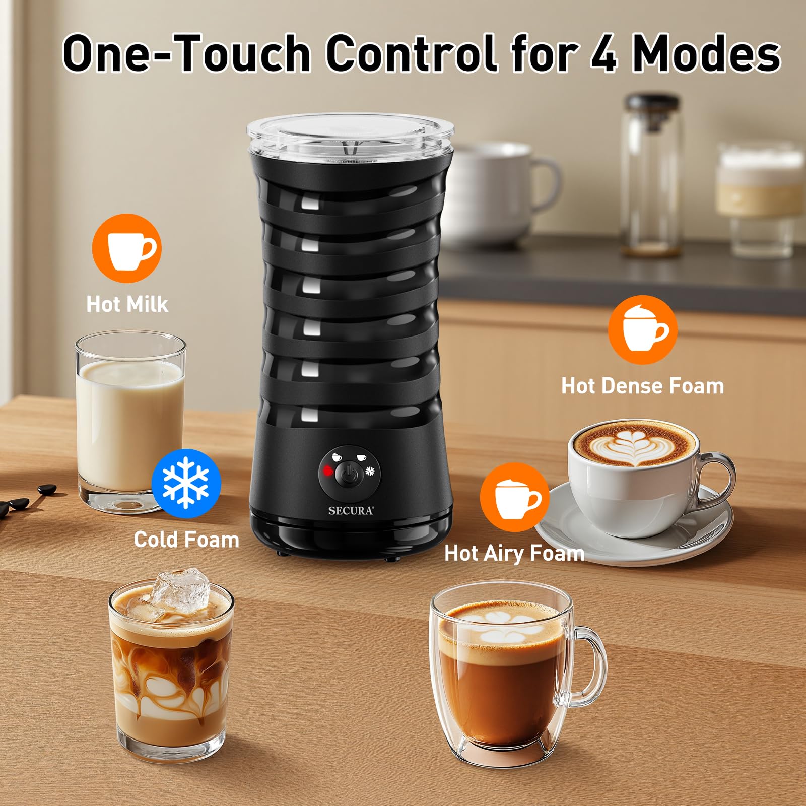 Secura frother delivering hot dense foam ideal for lattes and cappuccinos
