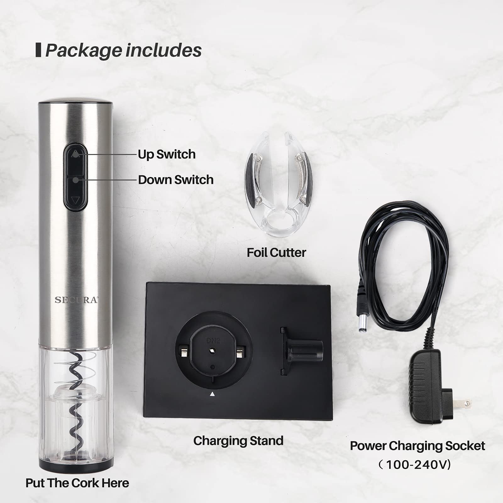 Secura electric wine opener blue LED charging base for tidy setup
