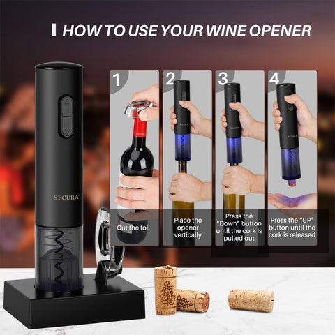 Secura electric wine opener glowing blue light as cork releases smoothly.